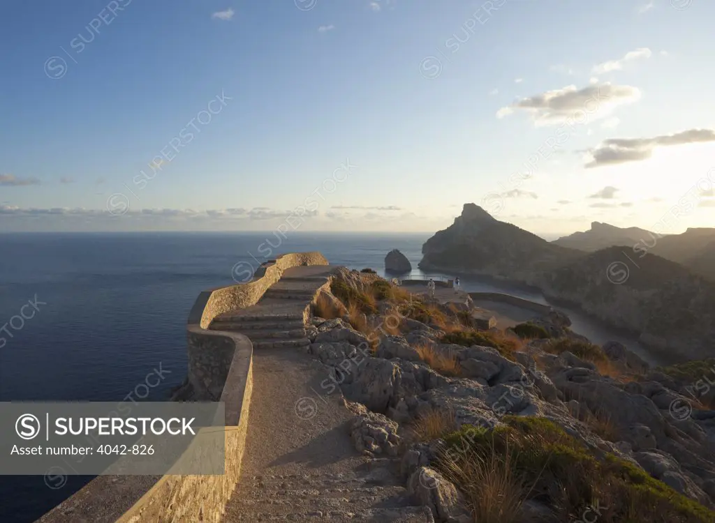 Wall along coastline viewed from Mirador des Colomer, Formentor Peninsula, Majorca, Balearic Islands, Spain