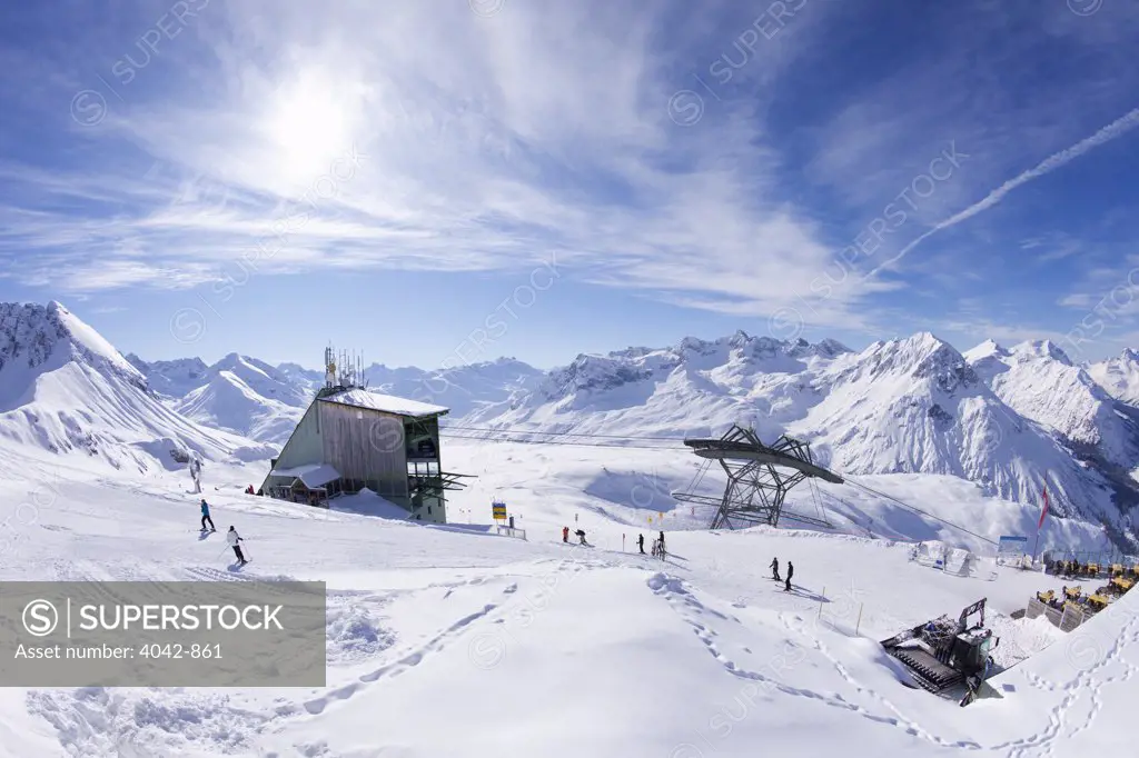 Austria, Austrian Alps, Rufikopf Restaurant in Stubenbach Lech near St Anton and Arlberg in winter snow
