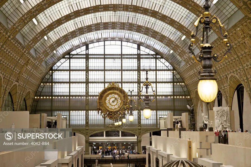 Great Hall and old railway station clock in a museum, Musee d'Orsay, Paris, France