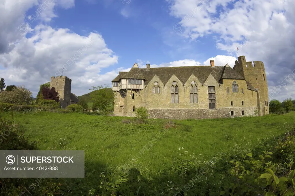 Castle on a hill, Stokesay Castle, Stokesay, Craven Arms, Shropshire, England