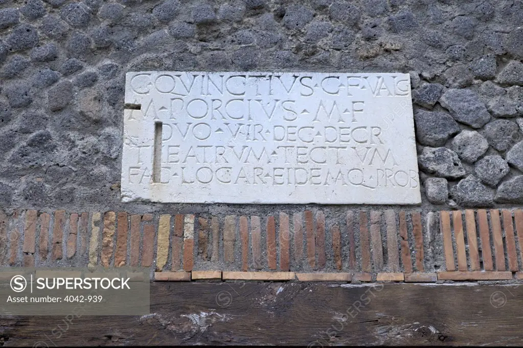 Close-up of a Roman street sign, Pompeii, Campania, Italy