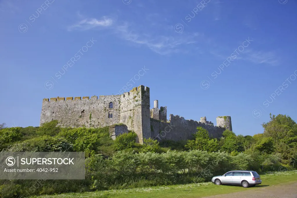 Castle on a hill, Manorbier Castle, Tenby, Pembrokeshire Coast National Park, Wales