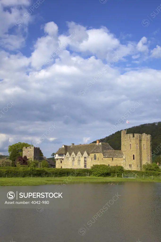Castle at the riverside, Stokesay Castle, Stokesay, Craven Arms, Shropshire, England