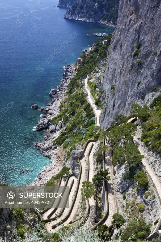 Via Krupp the winding path leads to Marina Piccola, Capri, Campania, Italy