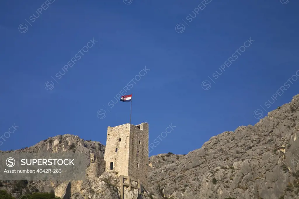 Low angle view of a tower, Mirabella Fortress, Omis, Dalmatia, Croatia