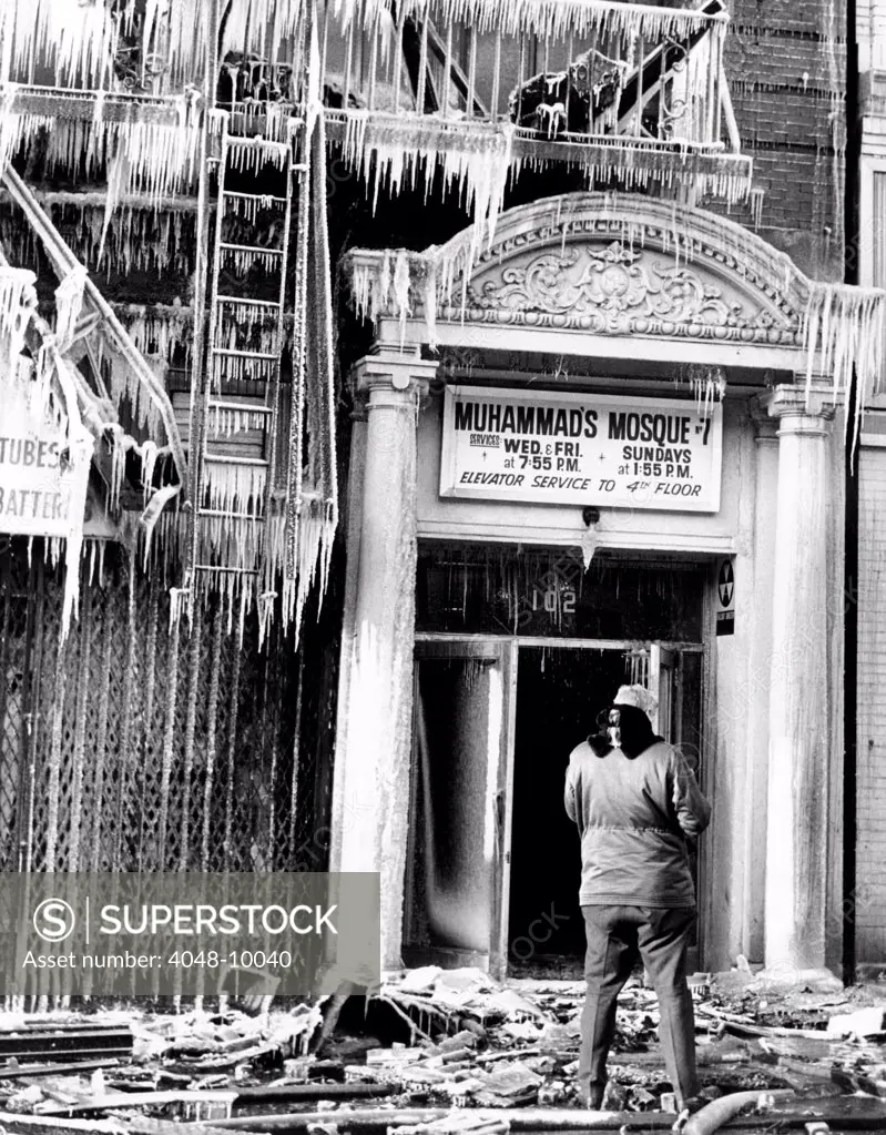 Burned out Nation of Islam Mosque No. 7 in Harlem. Twelve blocks away, the body of assassinated Black Nationalist leader Malcolm X lay in a coffin. The revenge fire was set by Malcolm X followers because they believed the Nation of Islam was behind the assassination. Feb. 23, 1965