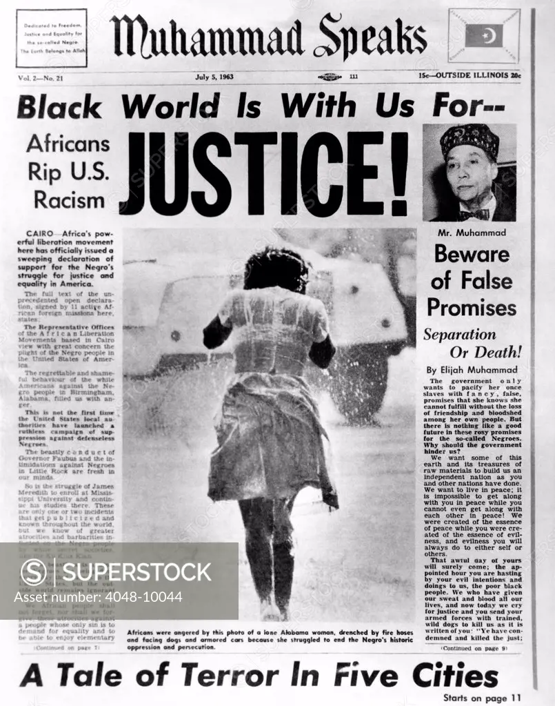 Black Muslim newspaper, 'Muhammad Speaks', emphasizes abuse of the African Americans and demands justice. July 5, 1963.