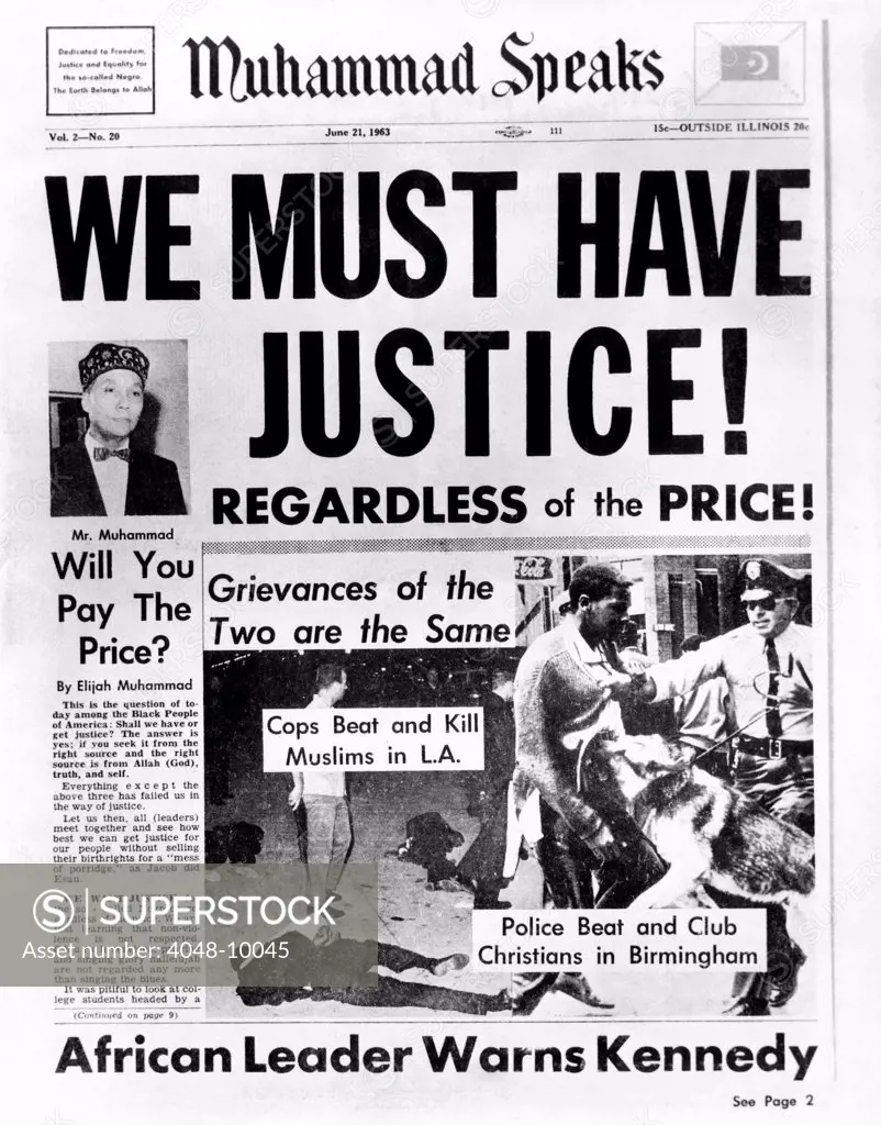 Black Muslim newspaper, 'Muhammad Speaks', emphasizes abuse of the African Americans and demands justice. June 21, 1963.