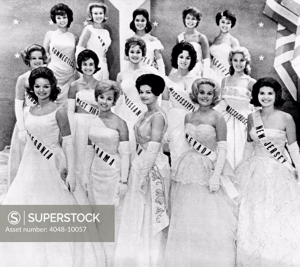Miss USA 1961 finalists in the first phase of the Miss Universe Pageant in Miami Florida. July 12, 1961. The girls are L-R: front row: Pamela Stettler, CA, Suellen Robinson, AL, Janet Hawley, UT, Karen Weller, NV, Diana Giersch, NJ. Middle row: Joan Zeller, RI, Kathy McManaway, WV, Sharon Brown, LA, Marlene Britsch, MS, Elaine Cusick, MA,. Top Row: Fiorene Mavetta, CT, Alexandra Currey, NY, Marcia Chumbler, KY, Gail Weinstock, NE, and Patricia Squires, MI