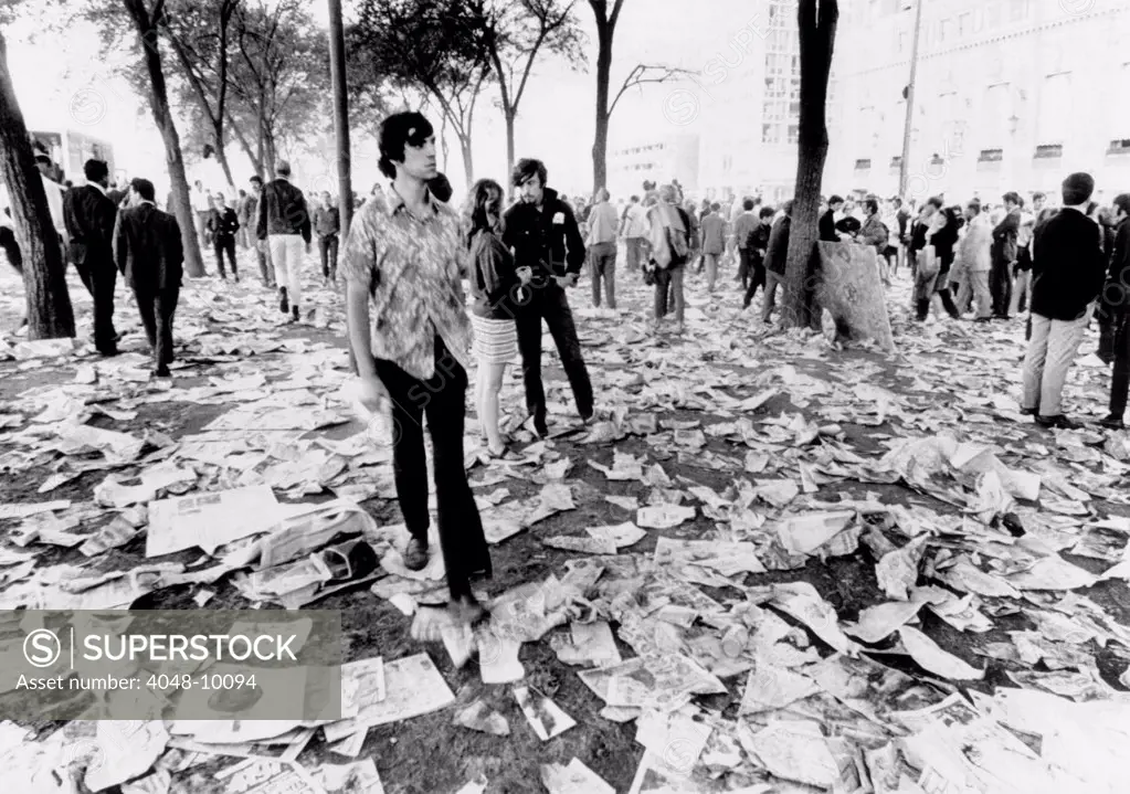 Chicago's Grant Park is littered with the debris. The hippies and yippies who battled police and national guardsmen for four days during the Democratic National Convention have left for home or are in Chicago's jail. Aug. 30, 1968.