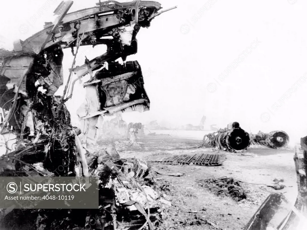 Remains of jet engines of the three planes, valued at $20 million, which Arab guerrillas blew apart at Zarka, Jordon. Airliners were Swissair DC-8, TWA Boeing 707, BOAC VC-10. Sept. 12, 1970.