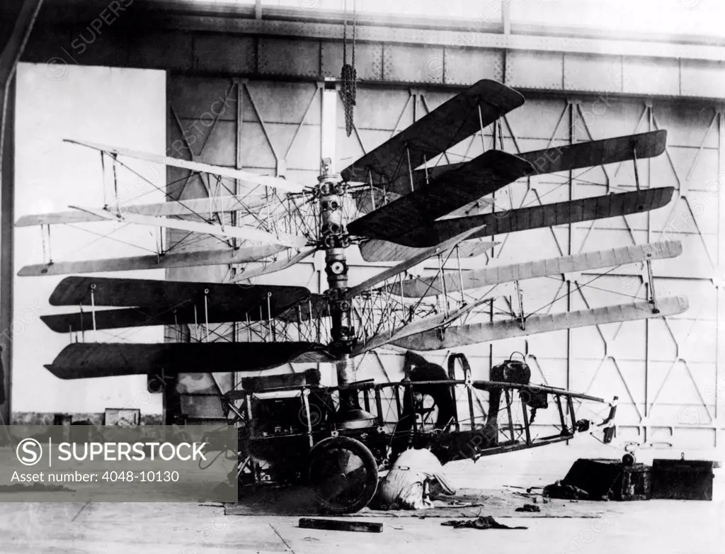 Engineer working on the Pescarra Helicopter. Developed by Argentine engineer Raúl Pescara in the early 1920s, it had two contra-rotating 'screws', each having four blades. Ca. 1920s.
