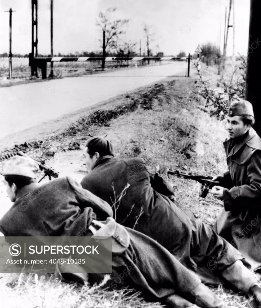 The 1956 Hungarian Uprising. Anti-Soviet rebels, armed with submachine guns, near the Austrian border. They went into Austria to join a new rebel resistance massing along the Yugoslav border in the Komlo forest. Nov. 8, 1956.