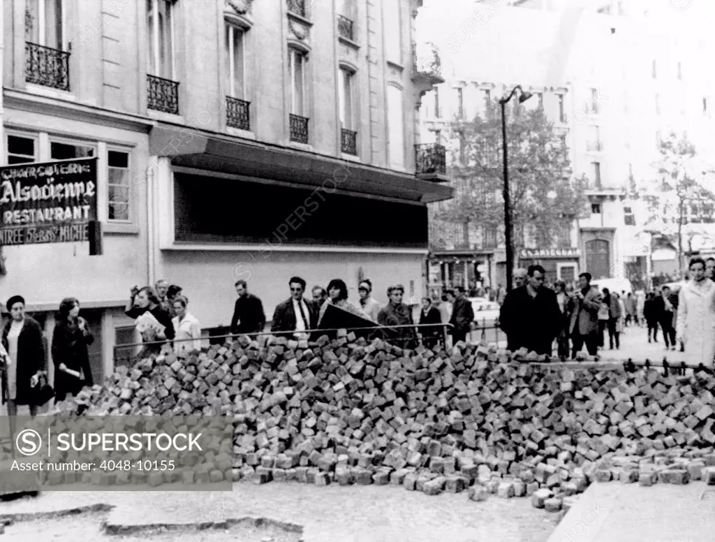 Stone barricade in Paris' Latin Quarter during the May 1968 general strike and demonstrations in Paris. May 26, 1968.