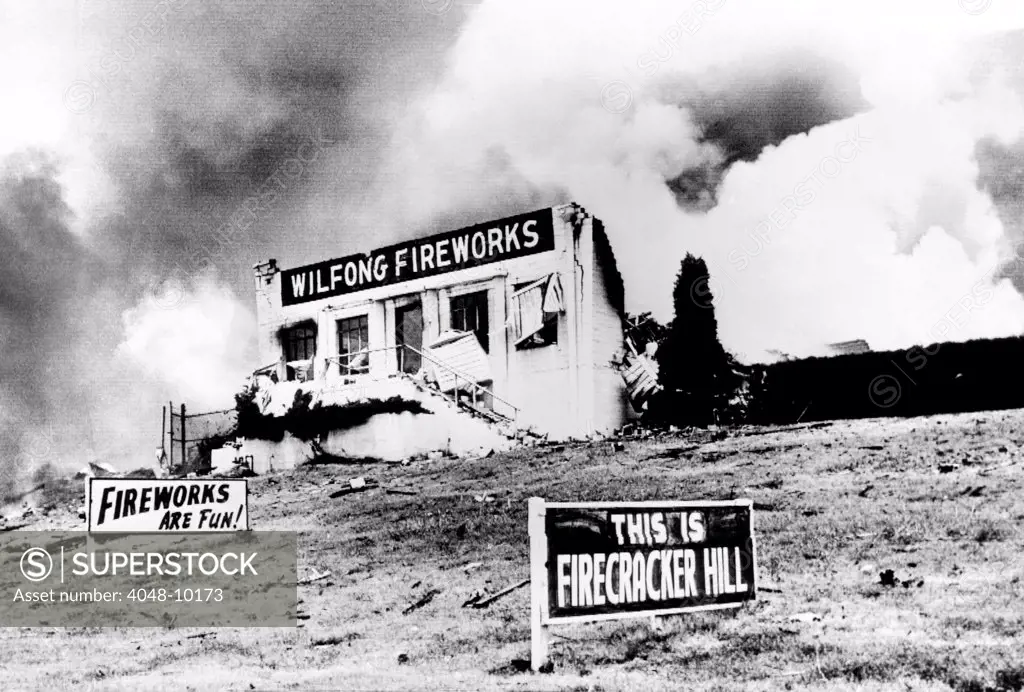 The front wall of the Wilfong Fireworks Co., after it exploded, injuring 13 people, Fort Worth, Texas. June 19, 1953.