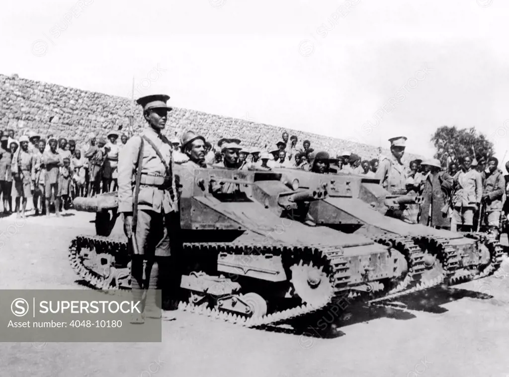 Second Italo-Ethiopian War. Ethiopian soldiers in captured Italian tanks at an encampment near Jijiga, in the south, where forces are gathering for an counter-offensive. Dec. 1935.