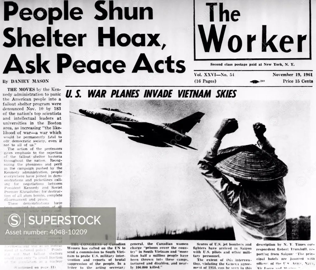 US Planes Invade Vietnam Skies. An obviously manipulated composite photograph on the front page of the Daily Worker, the newspaper of the American Communist Party. Nov. 19, 1961.