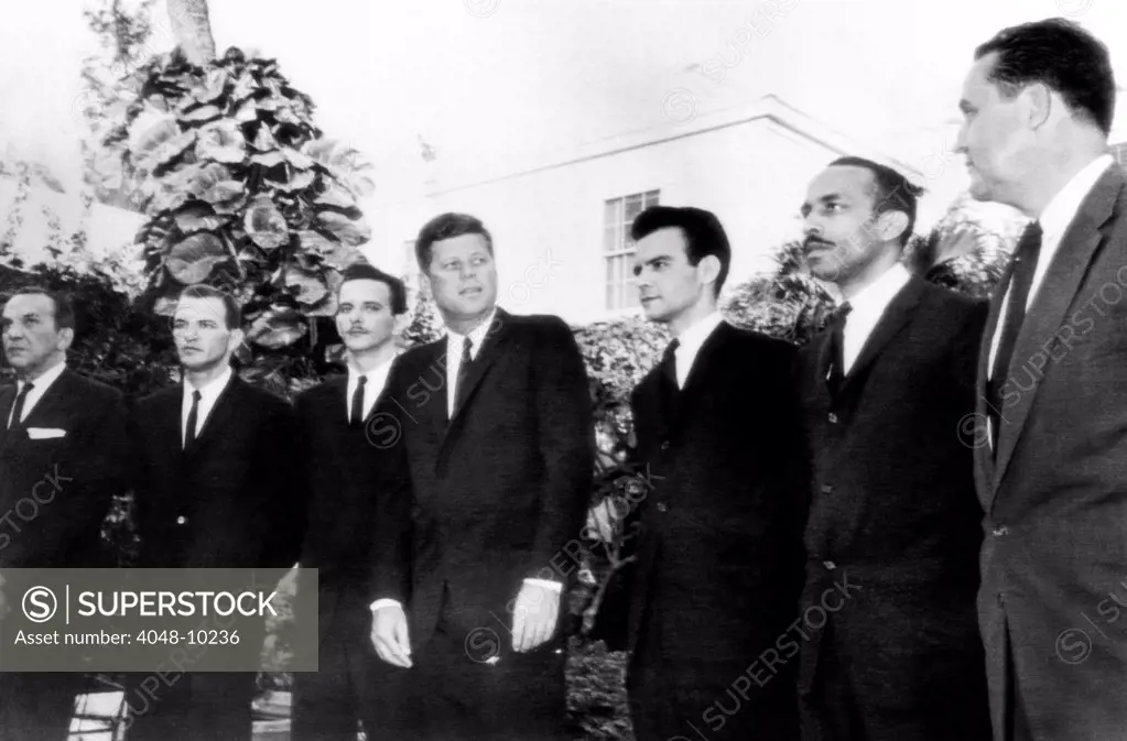 President John Kennedy with Cuban leaders of the failed Bay of Pigs Invasion. The men were freed by Fidel Castro after $53 million in food and medical supplies we sent to Cuba. L-R: Alvaro Sanchez, Roberto San Roman, Jose San Roman, Mr. Kennedy, Manuel Artime, Erneido Oliva, and Enrique Ruiz-Williams. Dec. 27, 1962.