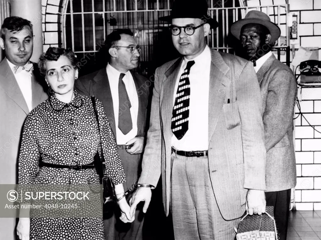 Five Communists sentenced to jail in St. Louis. They were convicted of found guilty of conspiring to advocate the overthrow of the government by force. L-R: Robert Manewitz, Dorothy Forest, William Sentner, James Forest, Marcus Murphy. June 4, 1954.