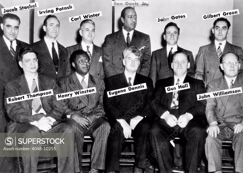 Communist Leaders who were on trial in 1949. L-R: Front: Robert Thompson, Henry Winston, Eugene Dennis, Gus Hall, John Williamson. Back Row: Jacob Stachel, Irving Potash, Carl Winter, Ben Davis Jr., John Gates, Gilbert Green. Jan 17, 1949.