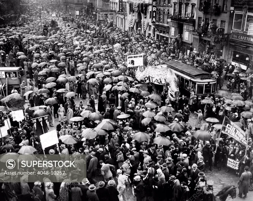 1932 Communist Party May Day rally in Rutgers Square (later Straus Square) in New York City. Over 40,000 gathered for the quietest Communist gathering since World War 1. No one was arrested.