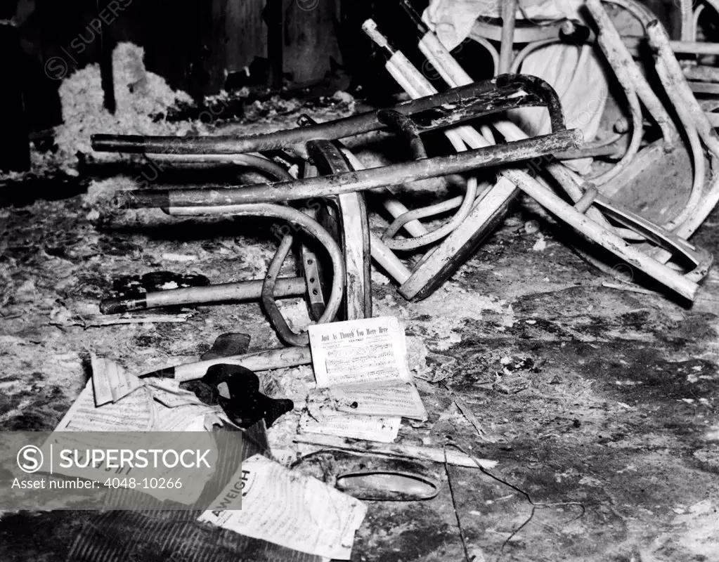 Coconut Grove Nightclub Fire. A view of the fire-ruined interior of the Coconut Grove nightclub after the bodies of the victims were removed. 492 were killed and 214 injured on Nov. 28, 1942.
