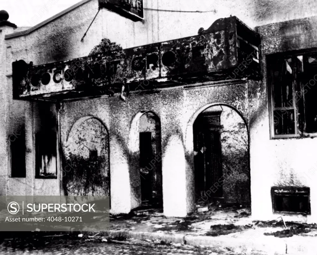 Coconut Grove Nightclub Fire. The charred exterior of club morning after the fire that killed 492 on Nov. 28, 1942.