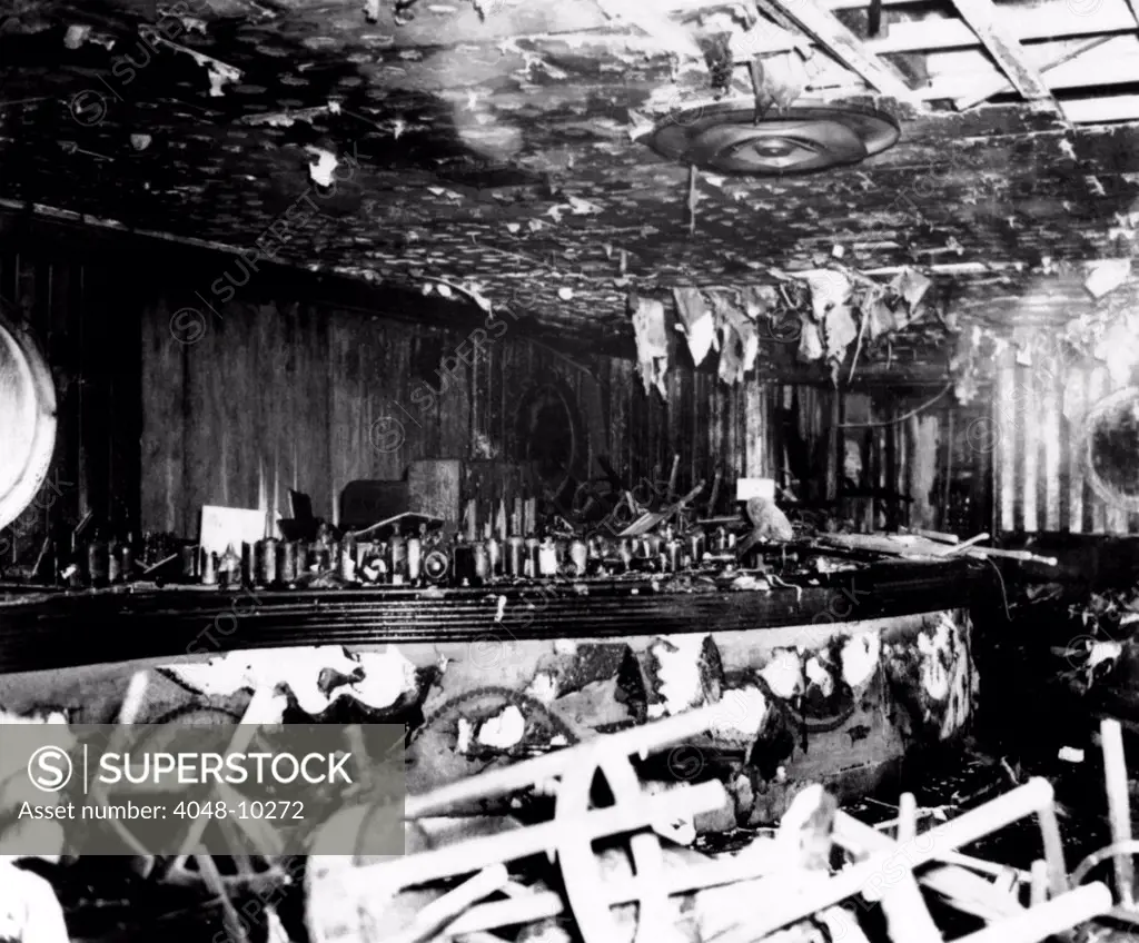 Coconut Grove Nightclub Fire. A view of the fire-ruined interior of the nightclub after the bodies of the victims were removed. 492 were killed and 214 injured on Nov. 28, 1942.