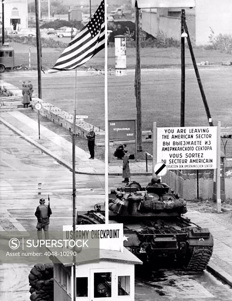 American checkpoint on the Friedrichstrasse crossing point on the East-West Berlin border. Known as Checkpoint Charlie, it became a symbol of the Cold War. Oct. 25, 1961