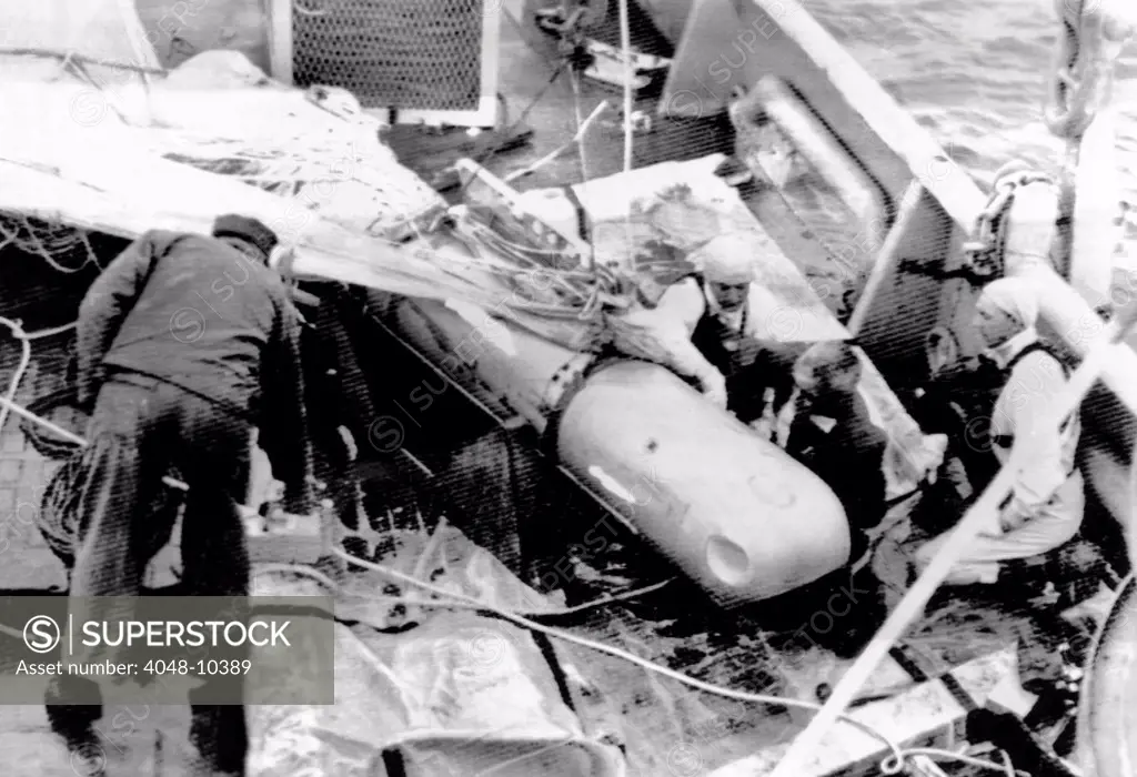 Lost H-bomb recovered off Palomares, Spain. The 10-foot, silver-coated bomb had been missing for 81 days. Three bombs hit the ground contaminating 490-acres with plutonium. April 8, 1966.