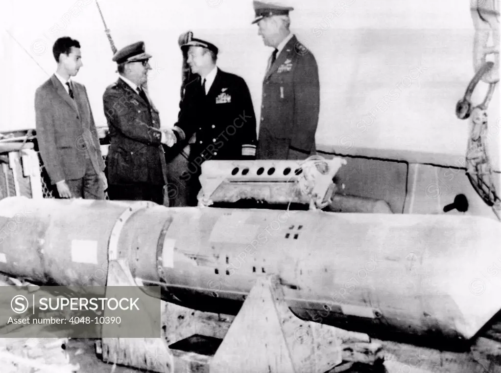 Lost H-bomb recovered off Palomares, Spain. It was lost when a American B-52 carrying 4 H-bombs broke up over the Mediterranean near Palomares. April 8, 1966.