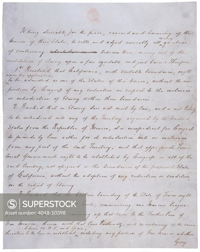 Compromise of 1850. Resolution introduced by Senator Henry Clay. Henry Clay's handwritten draft. 1850