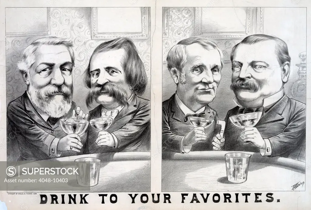Election of 1884. James G. Blaine and John A. Logan toasting each other, and of Grover Cleveland and Thomas A. Hendricks toasting each other.