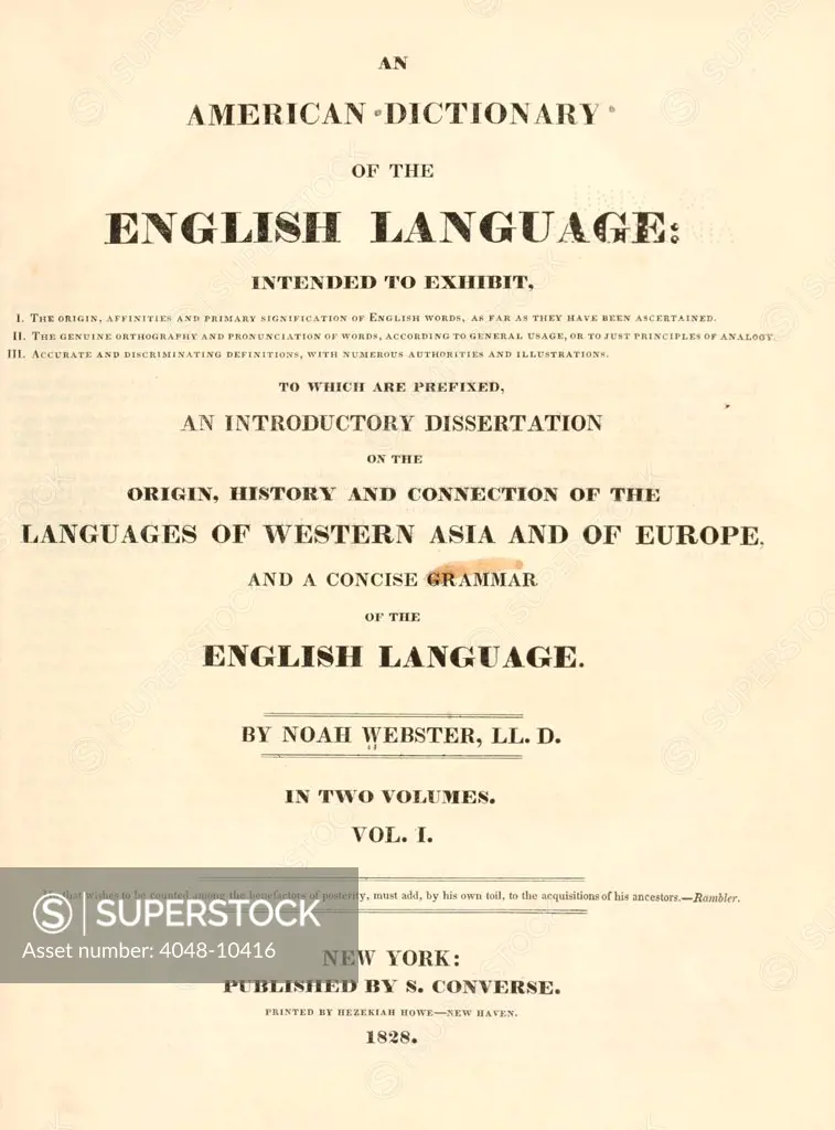 American Dictionary of the English Language by Noah Webster. Title page of first edition, 1828