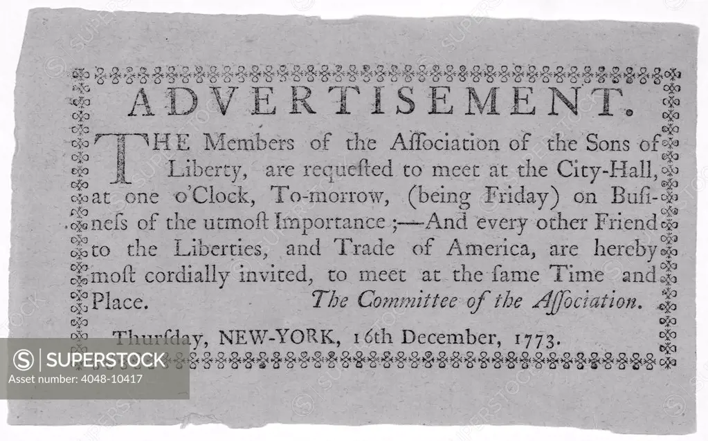 The American Revolution. The members of the Association of the Sons of Liberty, are requested to meet at the City-Hall... A broadside calling a meeting of the Sons of Liberty. New York, 1773