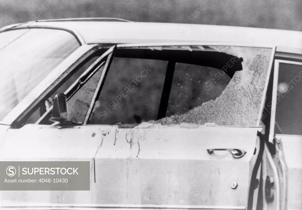 Smashed car window and bloodstains after the murder of Viola Liuzzo. Liuzzo was shot by Ku Klux Klan while ferrying marchers back to Selma from Montgomery. March 25, 1965.