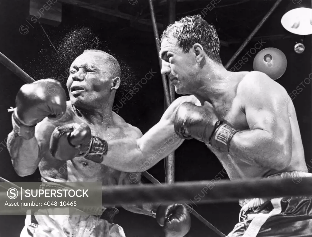 Rocky Marciano landing a punch on Jersey Joe Walcott during their Sept. 23, 1952 fight for the heavyweight championship.
