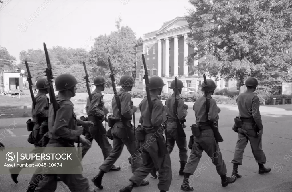 Troops at the University of Alabama. Federalized National Guard kept peace while African Americans, Vivian Malone and James Hood, registered for classes. June 11, 1963.