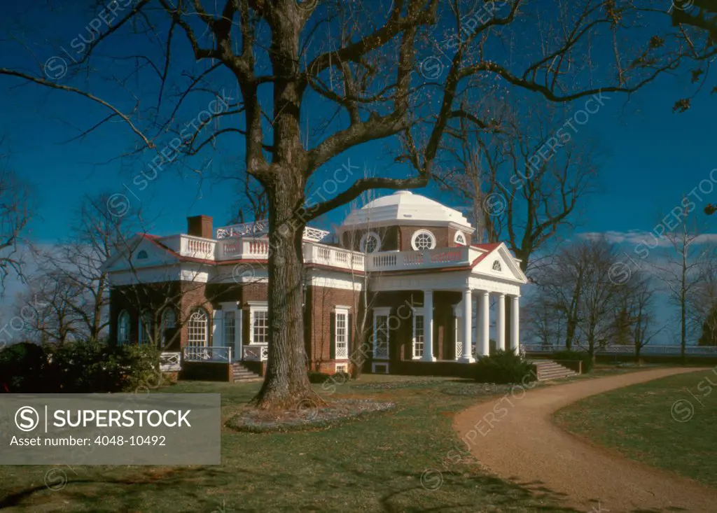 Monticello, the home built by Thomas Jefferson in the 1770s. West façade from the Northwest. 1978.