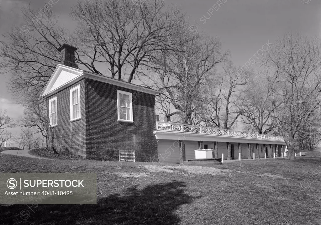 Monticello, the home built by Thomas Jefferson in the 1770s. South service wing which housed a kitchen, smoke house, food and wood storage as well as quarters for the head cook. 1978.