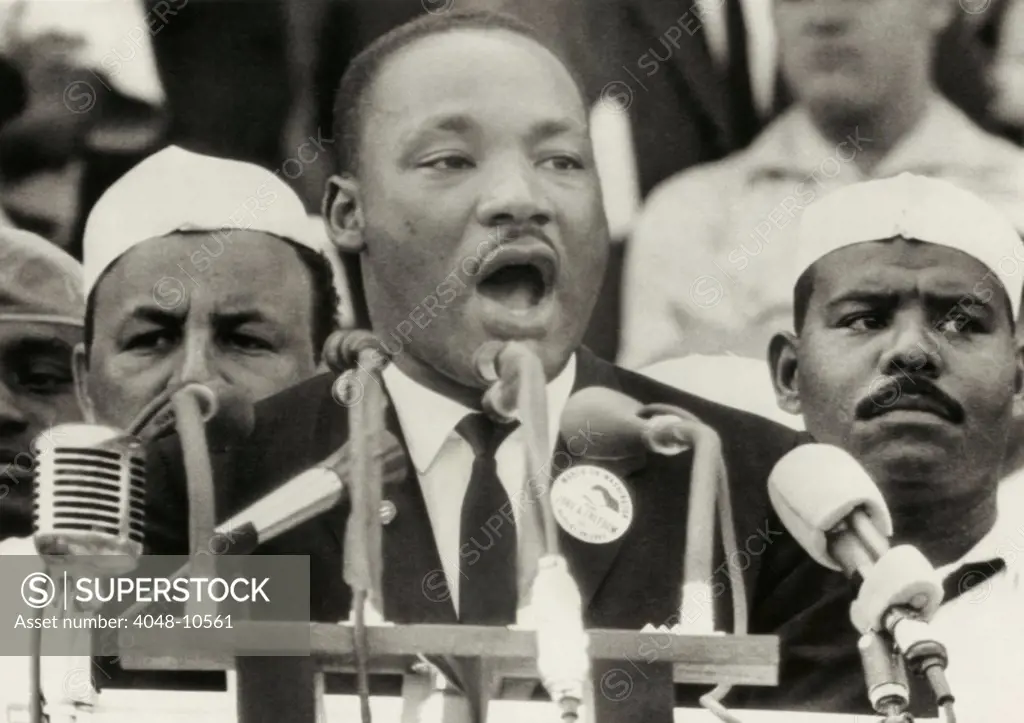 March on Washington. Martin Luther King delivers his famous 'I Have a Dream' speech from the steps of the Lincoln Memorial. Behind King are two Black Muslims who provided security in spite of Elijah Muhammad's call for a boycott of the demonstration. Aug. 28, 1963.