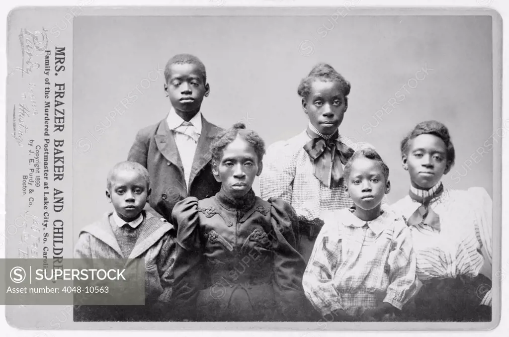 Widow and the surviving children of Frazer Baker. Baker, was appointed postmaster of the Lake City, North Carolina, a largely African American town. On Feb. 22, 1898, a large White mob, set fire to his house, murdered Baker, and killed two of his six children. His wife and four surviving children received bullet wounds.