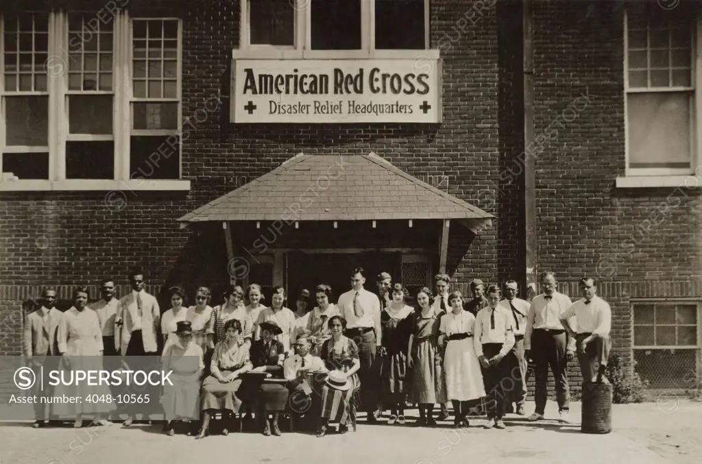Tulsa Oklahoma Race Riot of 1921. African American and White relief workers in front of Red Cross Disaster Relief Headquarters.
