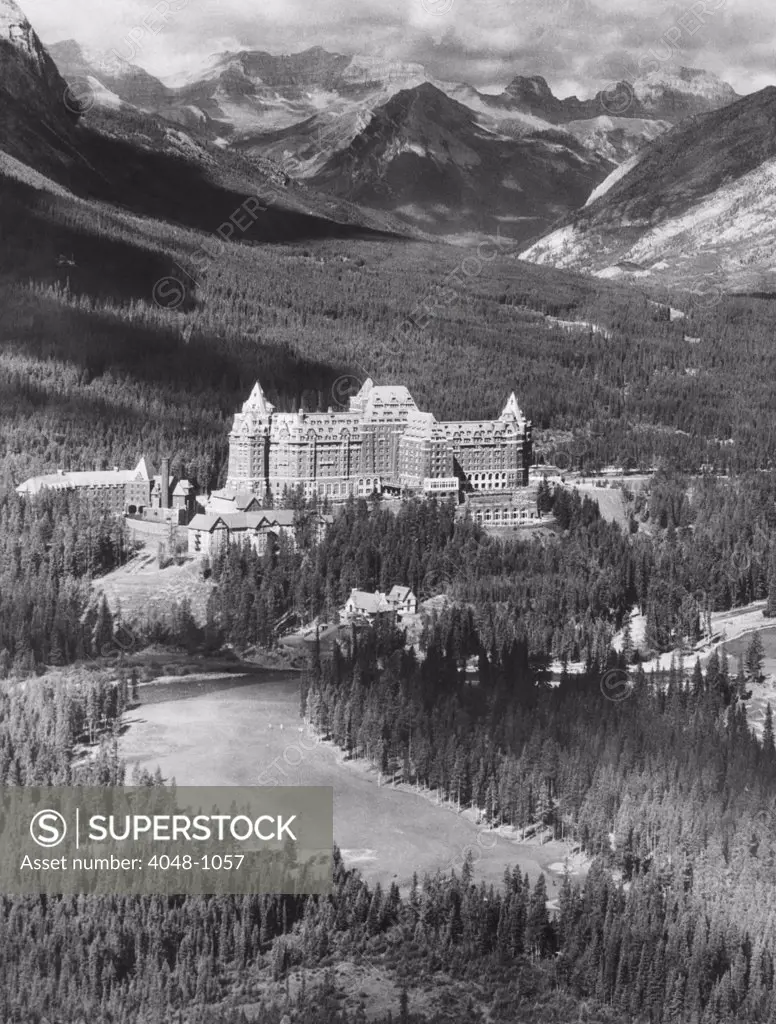 The Banff Springs Hotel in the Bow River Valley of the Canadian Rockies, Alberta, 1939
