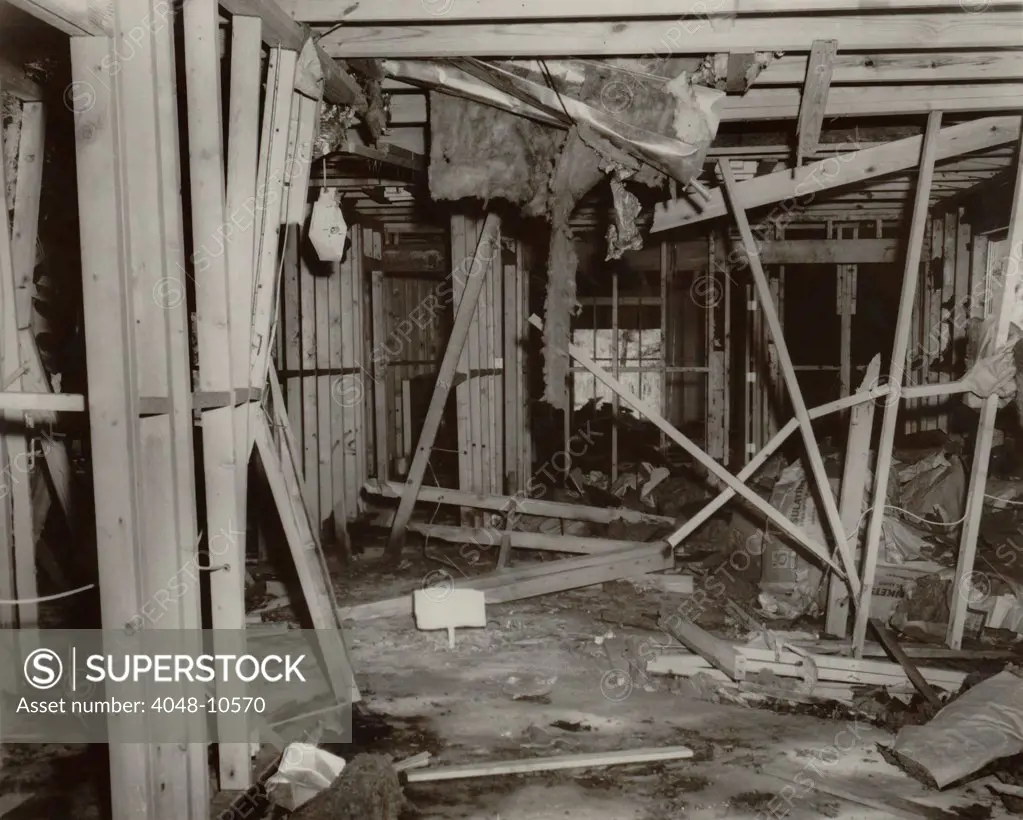 Bomb attack on NAACP. Ku Klux Klan bomb damage to the home of Dr. C.O. Simpkins, vice president of the NAACP's Shreveport, Louisiana branch. 1957.