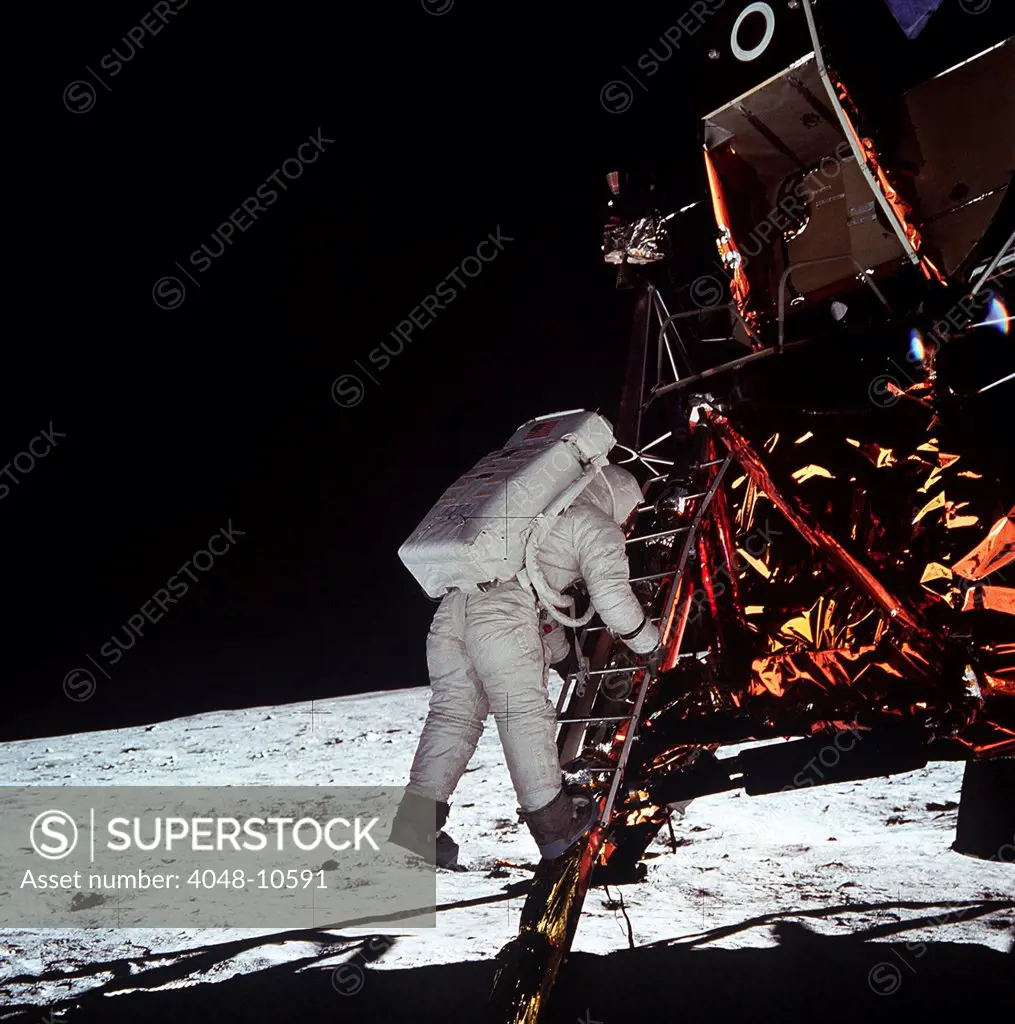 Second man on the Moon. Astronaut Edwin Aldrin, descends the steps of the Lunar Module ladder to the moon's surface. July 20, 1969.