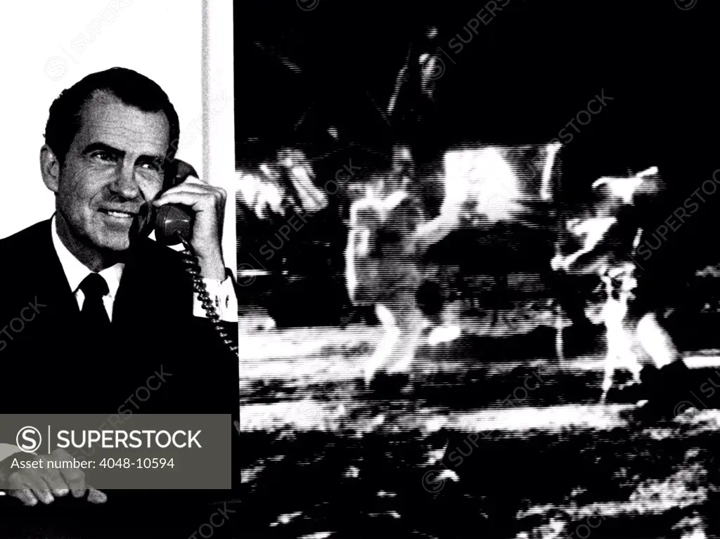 Nixon Telephones Neil Armstrong on the Moon. Composite image of President Nixon and crude televised image of Apollo 11 astronauts Armstrong and Aldrin at Tranquility Base. July 20, 1969. July 20, 1969.