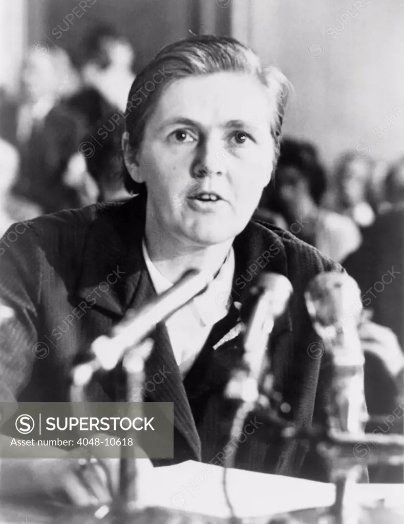 Dr. Frances O. Kelsey, a Food & Drug Administration pharmacologist who refused to authorize thalidomide US distribution. Photo shows her during Senate testimony about corporate pressure to approve the drug in spite of her concerns about the drug's safety. Aug. 1, 1962.