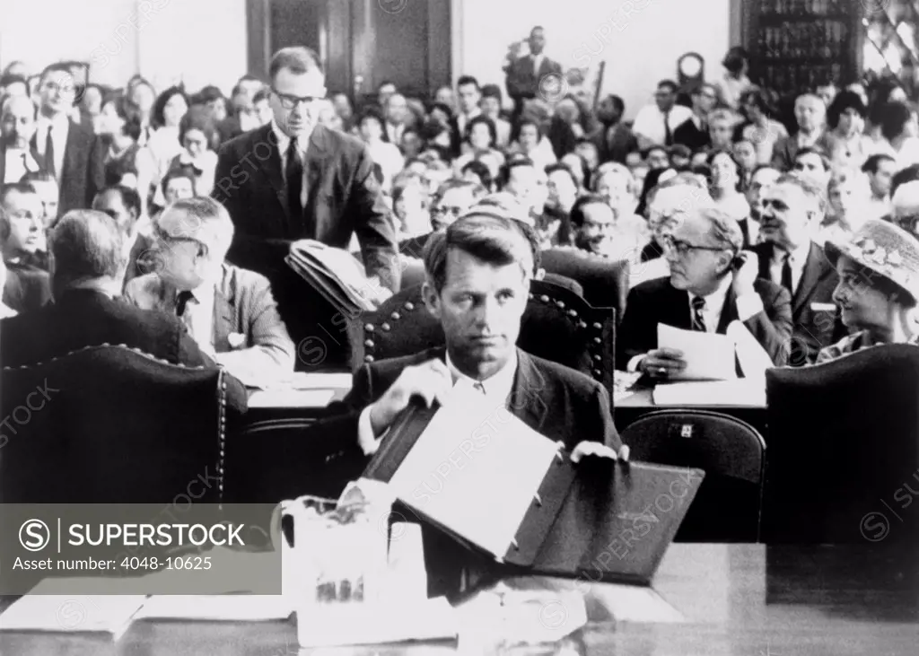 Attorney General Robert Kennedy testifying before the House Judiciary Committee on the Civil Rights Bill. The hearings began on June 26, 1963, with strong Southern objections to the bill.