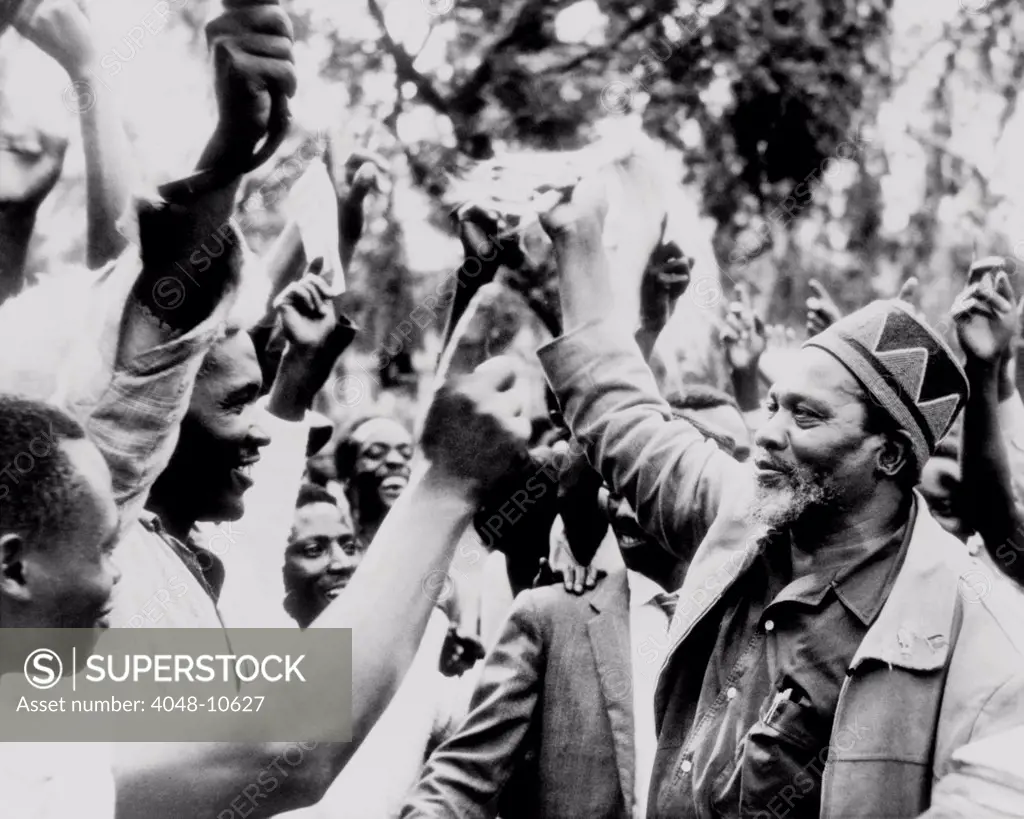 Jomo Kenyatta during victory celebrations following general elections in Kenya. He served as the first Prime Minister from 1963 to 1964, as President from 1964 until his death in 1978. June 19, 1963.